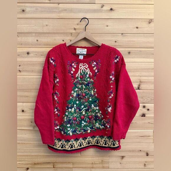 Vintage Heirloom Collectibles Sz M Petite Embroidered Christmas Tree Sweater - Picture 1 of 13